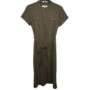 LOFT | Chest Pocket Button Front Tie Waist Short Sleeve Safari Green Dress Midi